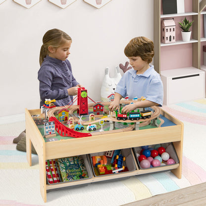 Wooden Train Set Table Kids Multipurpose Activity Play Table with 2 Reversible Tabletops-Red