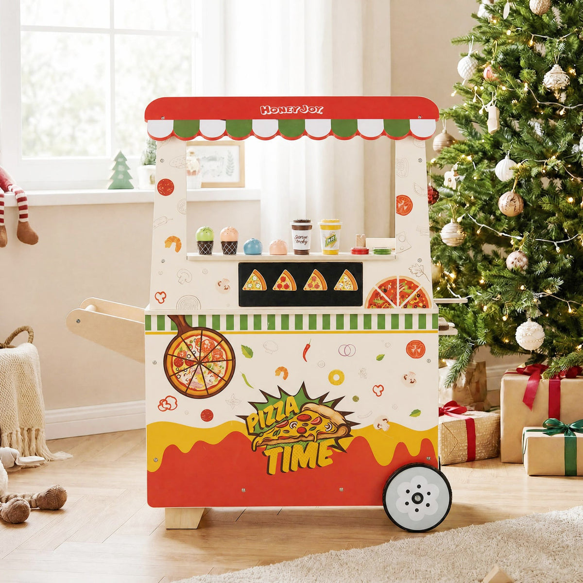 Kids Pizza Food Truck Wooden Pretend Play Snack Cart with Oven-Pink