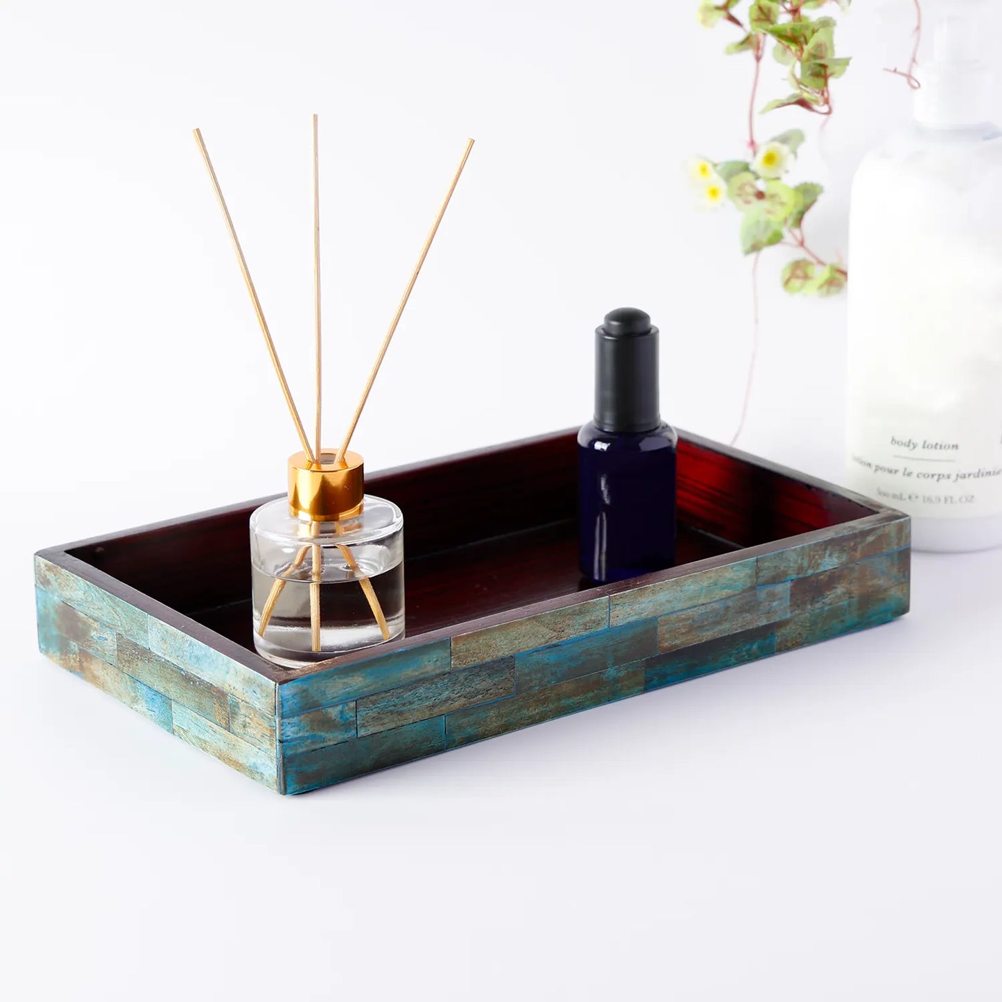 10x6 Verdigris Bone Inlay Tray for Vanity Bathroom Organizer