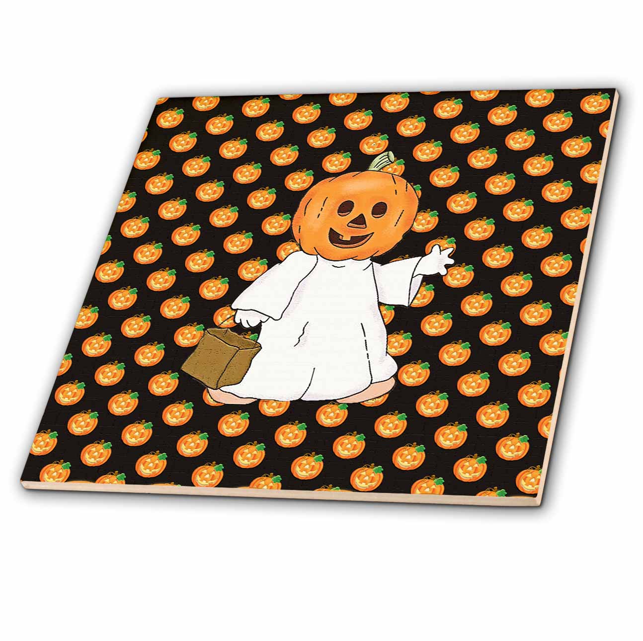 3dRose Beverly Turner Halloween Design - Pumpkin Head and White Sheet, Trick or Treat Bag, Pumpkin Design - Tiles