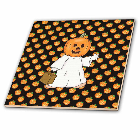 3dRose Beverly Turner Halloween Design - Pumpkin Head and White Sheet, Trick or Treat Bag, Pumpkin Design - Tiles