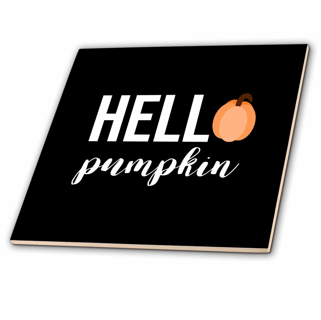 3dRose Stamp City - Typography - Hello Pumpkin with a Pumpkin as The o in Hello. White Letters on Black - Tiles (ct_322366)