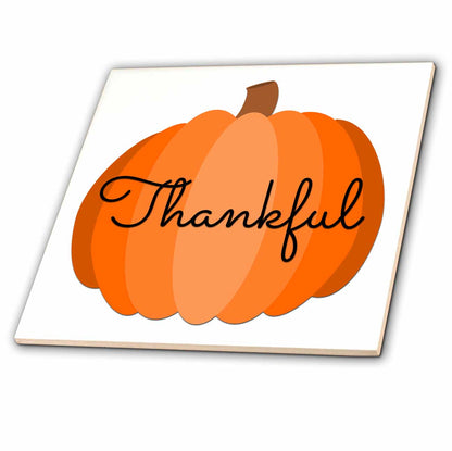 3dRose Stamp City - Typography - Thankful in Cursive Black Lettering on a Pumpkin on White Background. - Tiles (ct_322433)