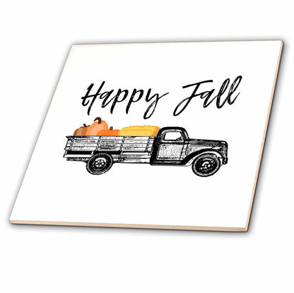 3dRose Stamp City - Typography - Happy Fall with Old Truck, Pumpkins, and hay Clipart. White backgound. - Tiles (ct_324878)