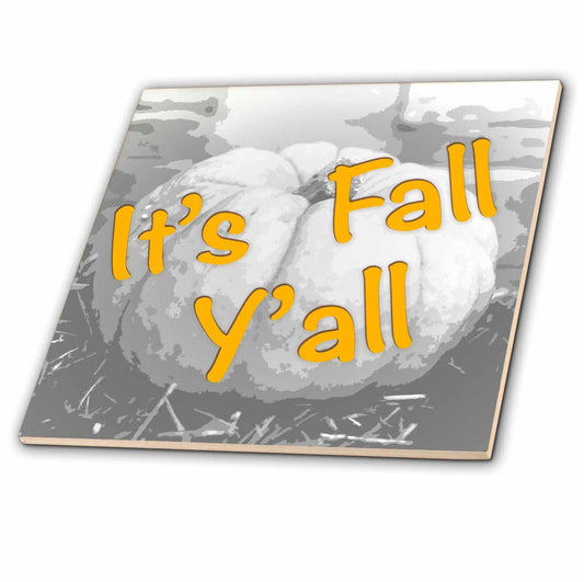 3dRose Its Fall Yall on an Abstract Black and White Photograph of a Pumpkin. - Tiles (ct_337823)