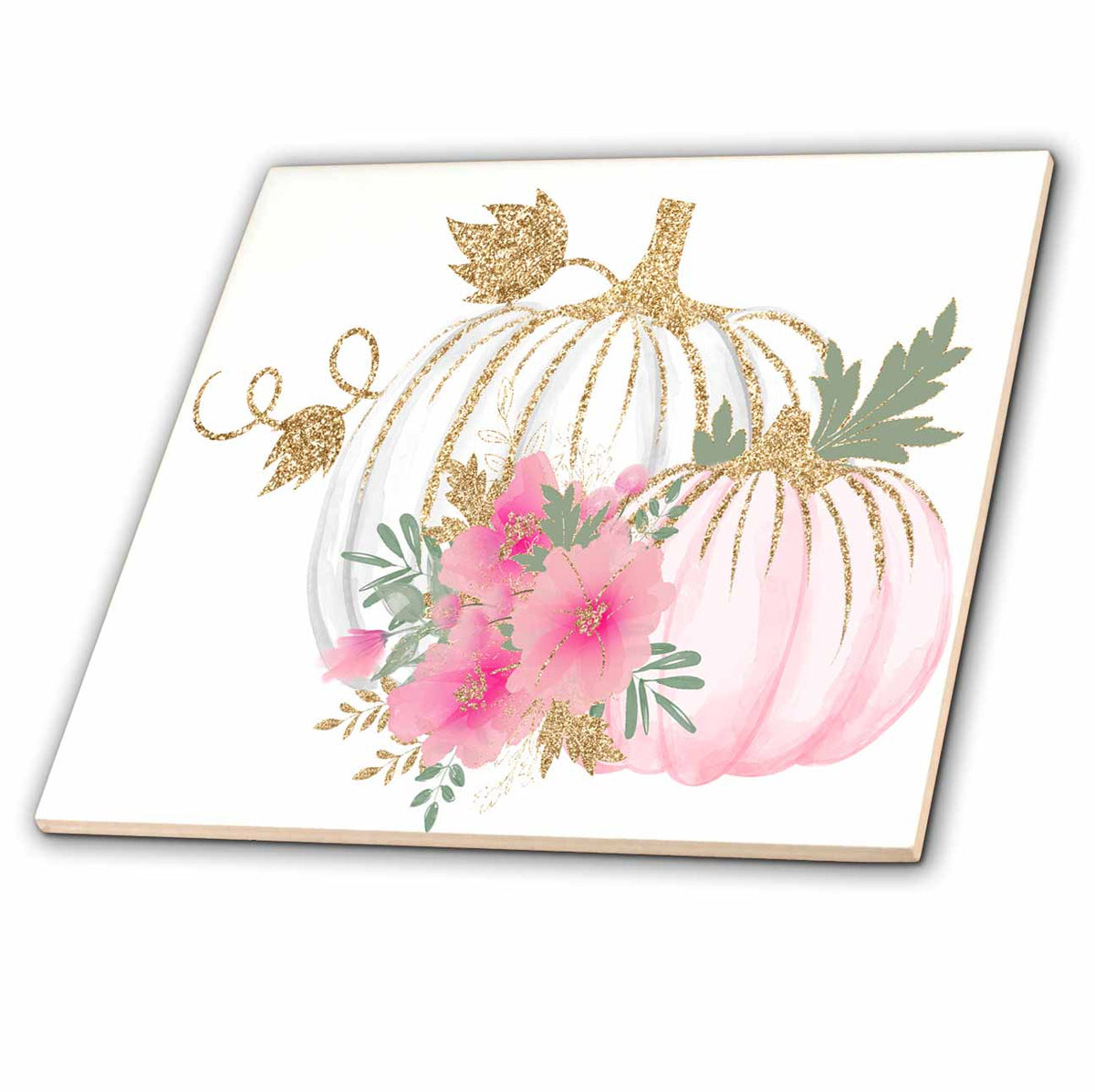 3dRose Pink, White, and Image of Gold Floral Pumpkin Illustration - Tiles (ct_357051)