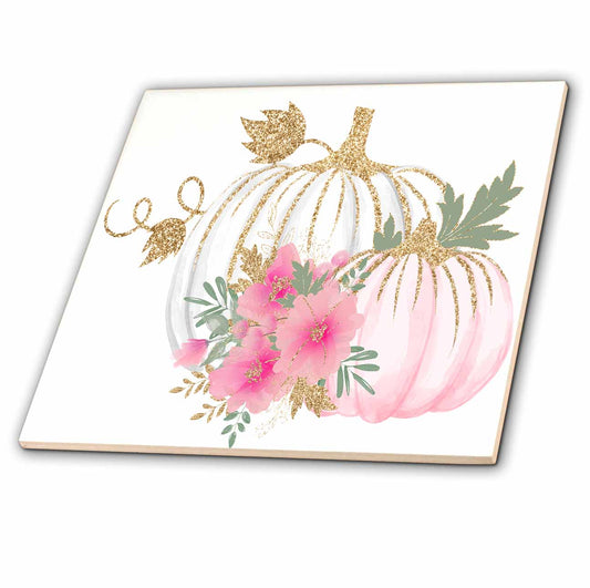 3dRose Pink, White, and Image of Gold Floral Pumpkin Illustration - Tiles (ct_357051)