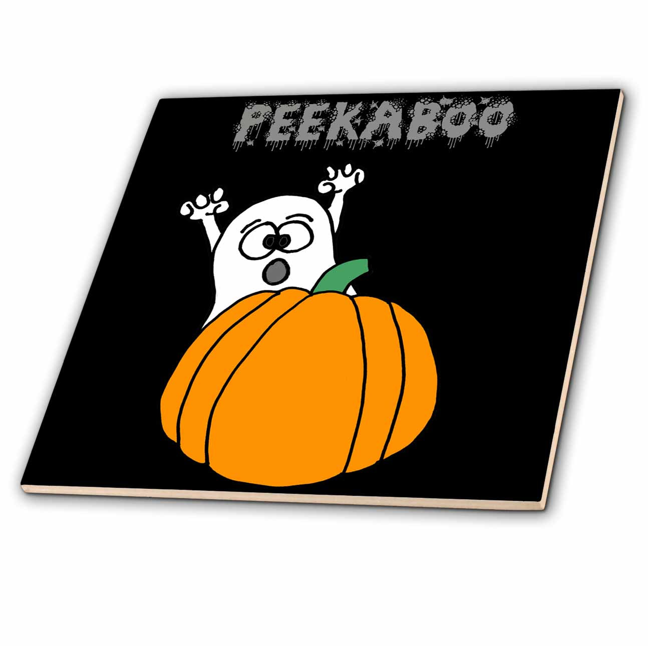 3dRose Funny Cute Ghost Behind Pumpkin Halloween Peekaboo Pun Cartoon - Tiles (ct-369366)