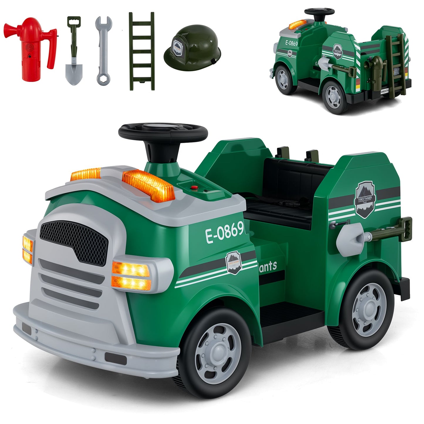 12V Toddler Fire Toy Car with Shovel and Wrench for Ages 37-95 Months