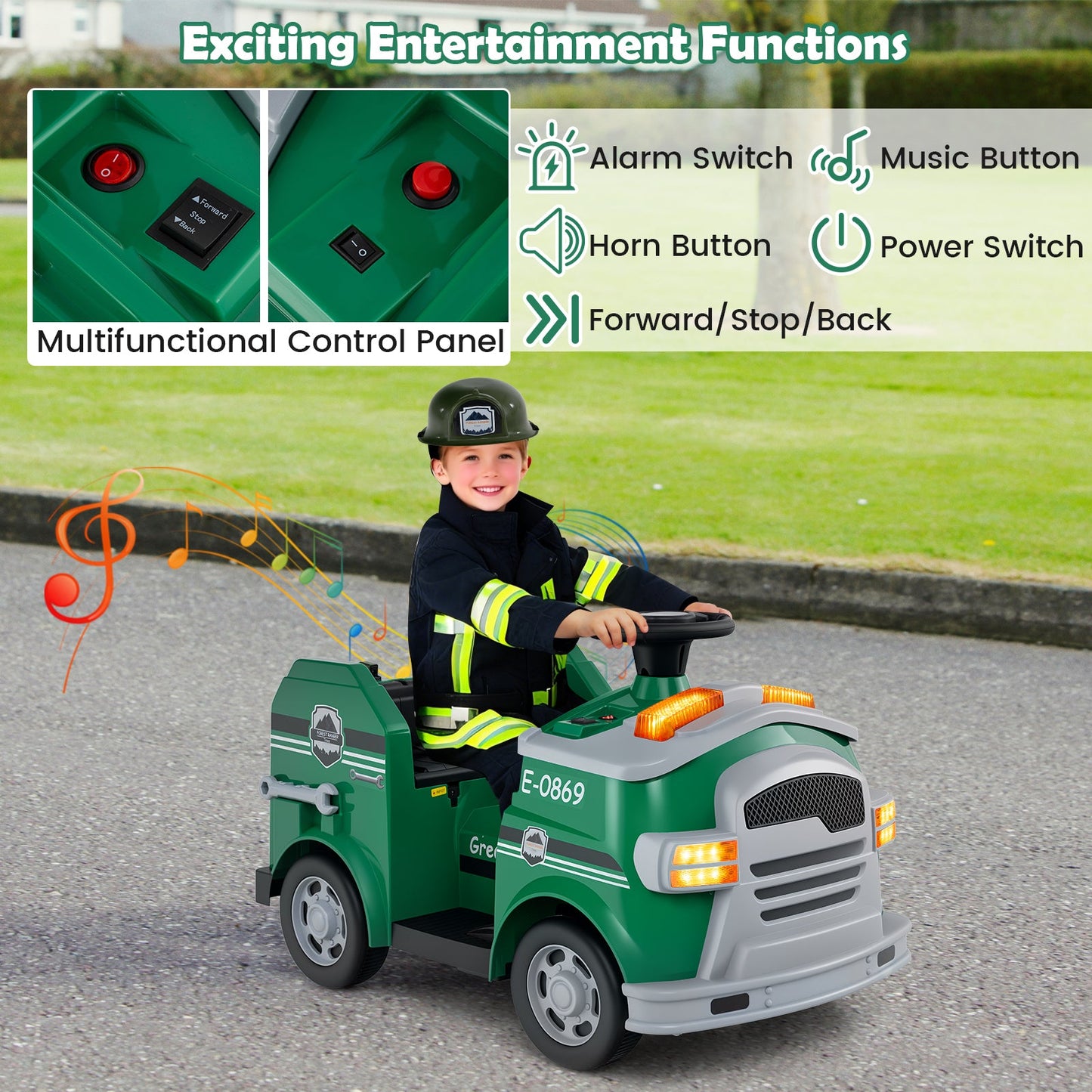 12V Toddler Fire Toy Car with Shovel and Wrench for Ages 37-95 Months