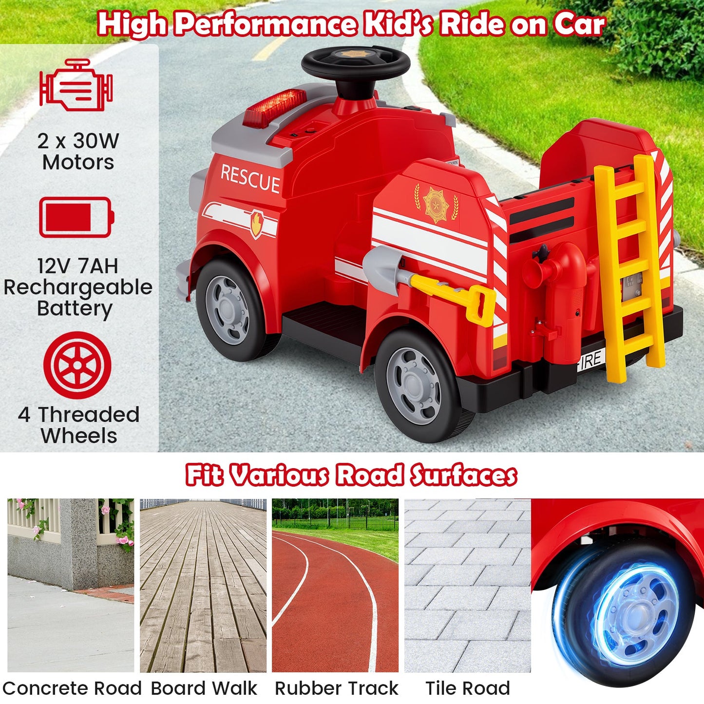 12V Toddler Fire Toy Car with Shovel and Wrench for Ages 37-95 Months