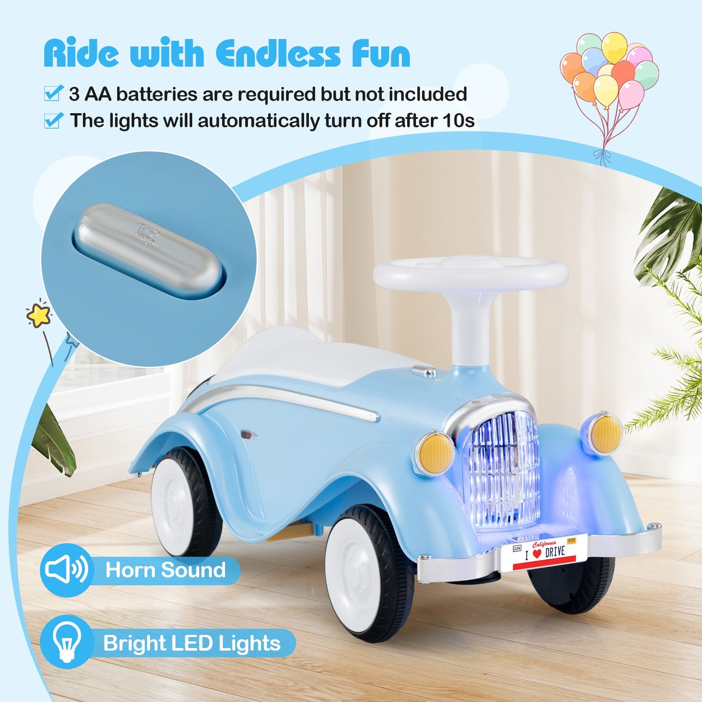 Toddler Ride on Toy Classic Sliding Car with Horn and LED Headlight