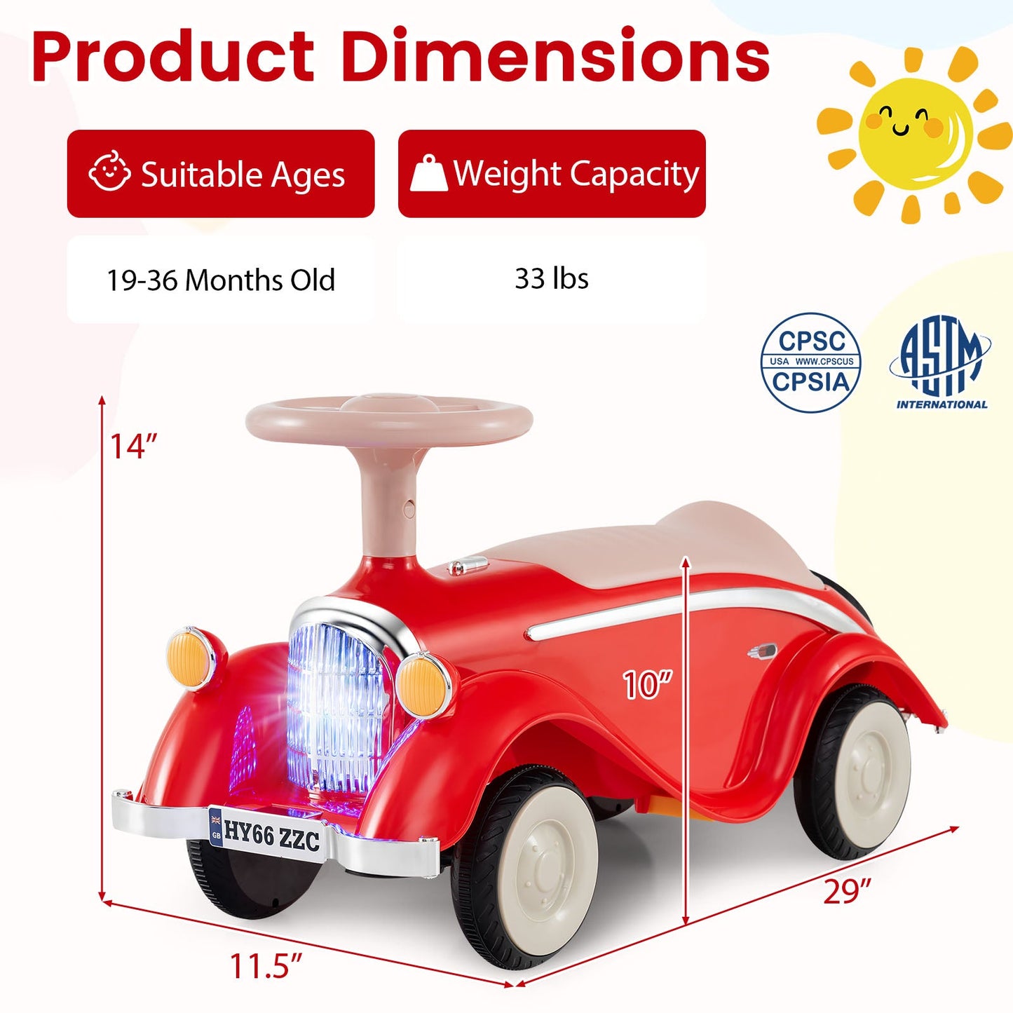 Toddler Ride on Toy Classic Sliding Car with Horn and LED Headlight