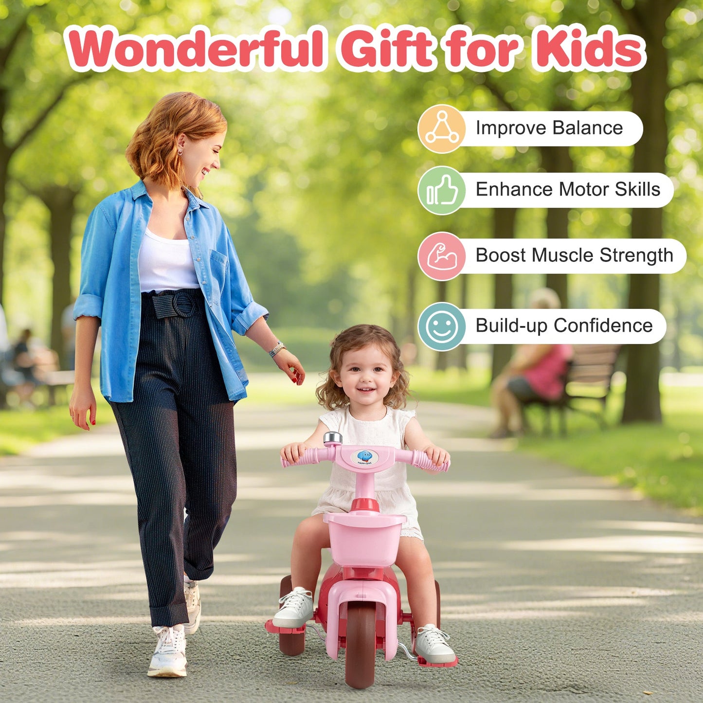 Toddler Tricycle with Limited Steering with Front Baskets and Bell