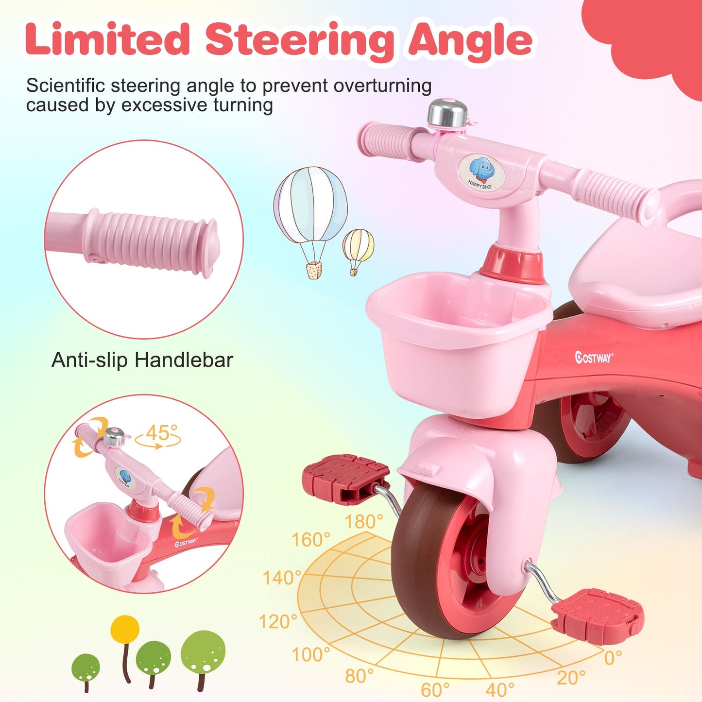 Toddler Tricycle with Limited Steering with Front Baskets and Bell