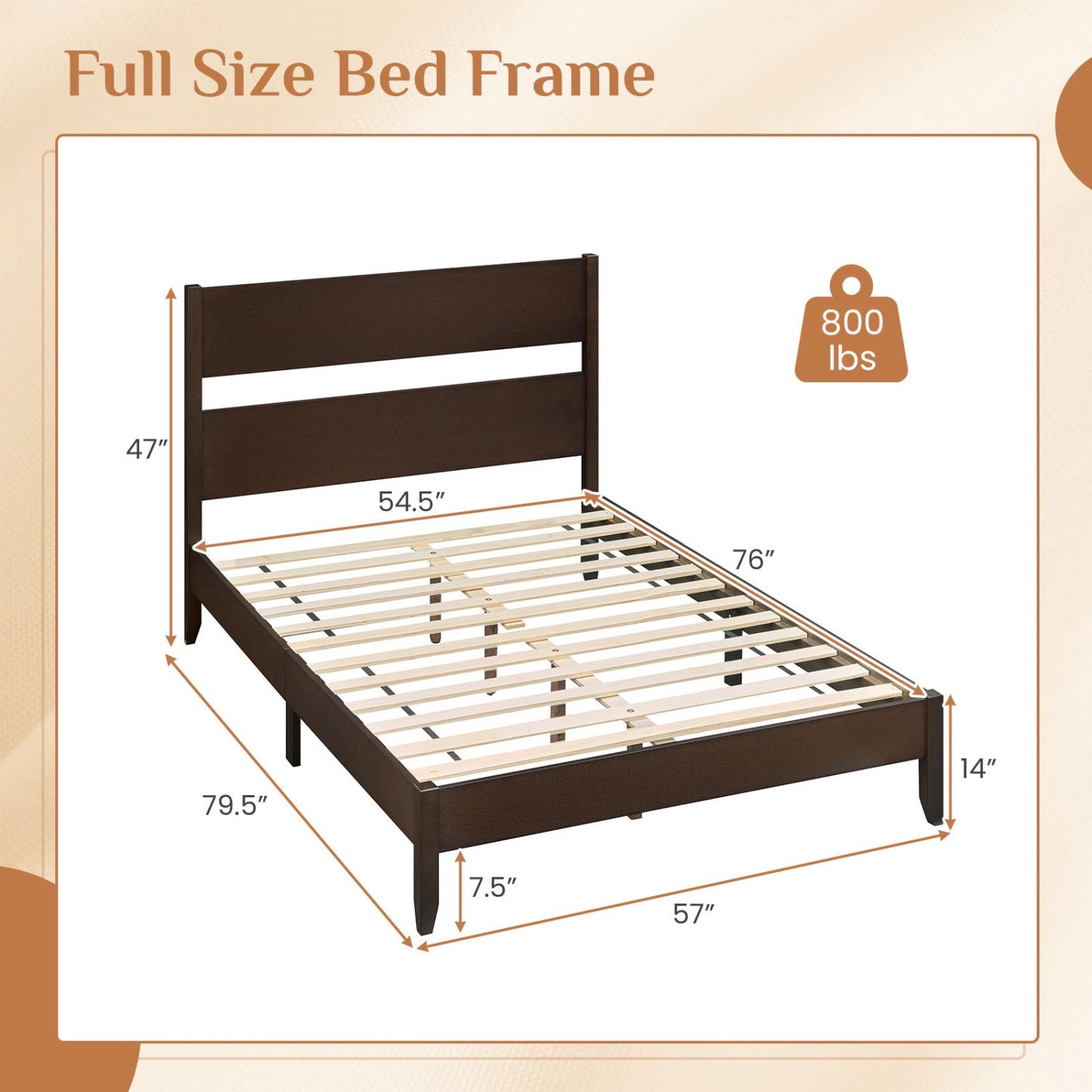 Full Bed Frame with Headboard and Solid Wood Legs