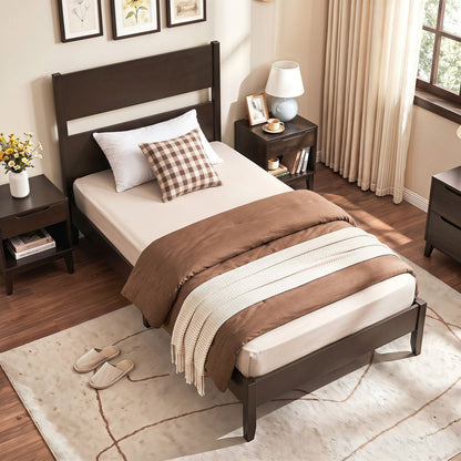 Twin Bed Frame with Headboard and Solid Wood Legs