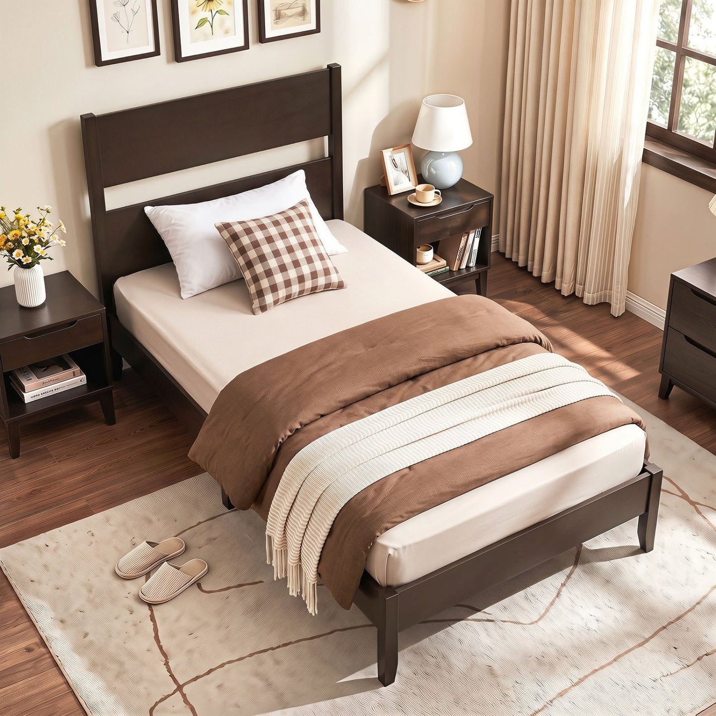 Twin Bed Frame with Headboard and Solid Wood Legs