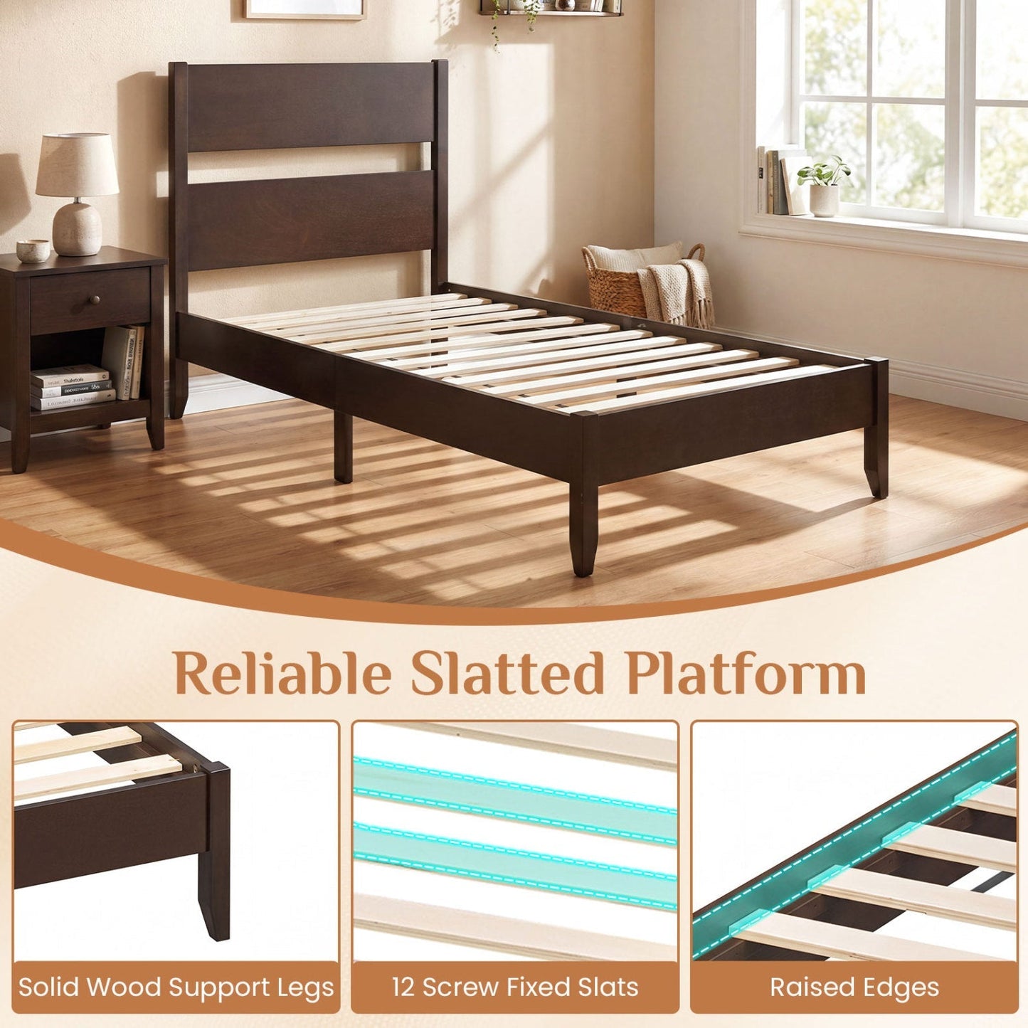 Twin Bed Frame with Headboard and Solid Wood Legs
