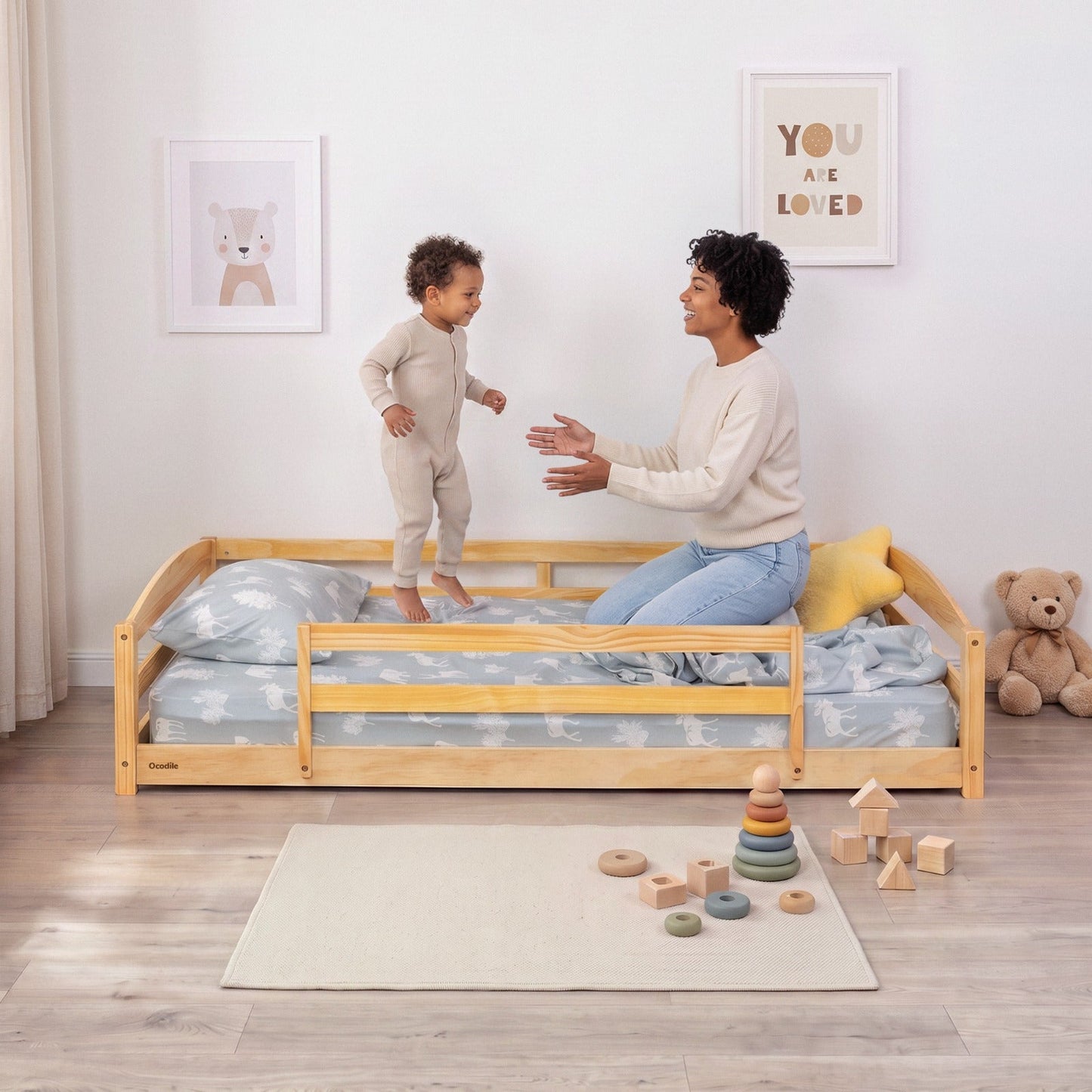 Twin Size Montessori-Inspired Floor Bed with Safety Guardrails for Kids