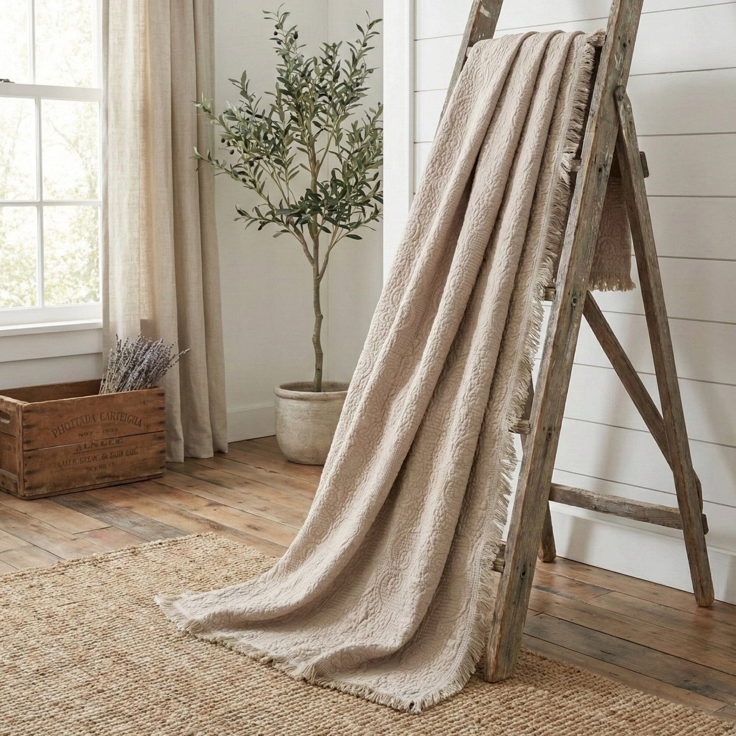 DaDa Bedding Elegant Fringed Cotton Quilted Throw Blanket - Luxurious Solid Soft Paisley Pattern, Cozy Lightweight Lap Throw, Perfect for Couch or Bed, Neutral Sandy Taupe Tan Beige, 50x60 Inches