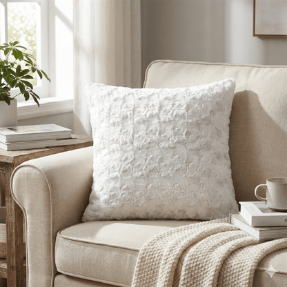DaDa Bedding White Roses Faux Fur Pillow Cover
