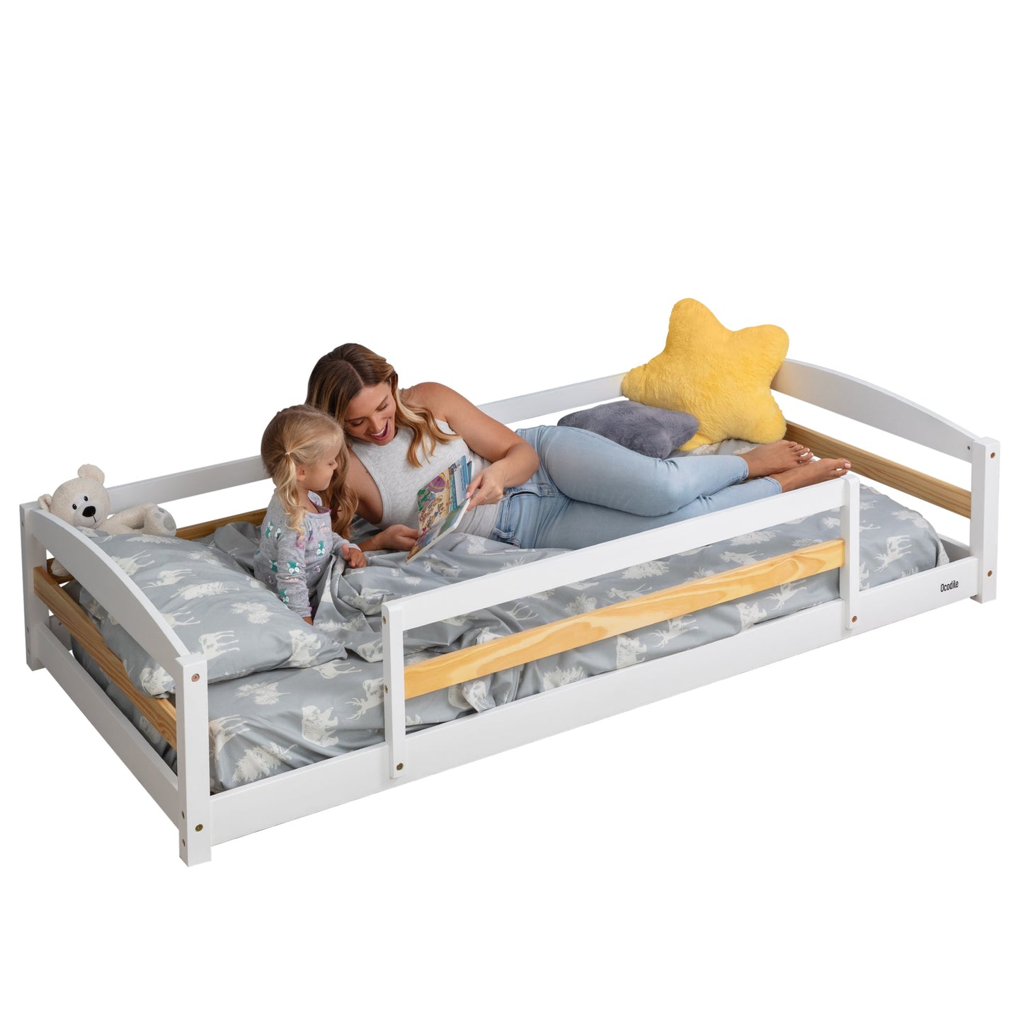 Twin Size Montessori-Inspired Floor Bed with Safety Guardrails for Kids