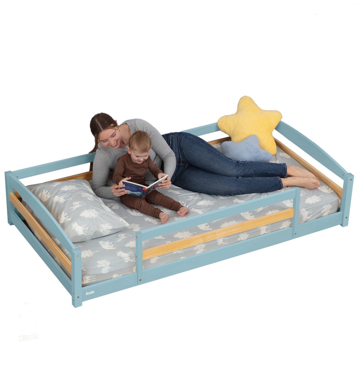 Twin Size Montessori-Inspired Floor Bed with Safety Guardrails for Kids