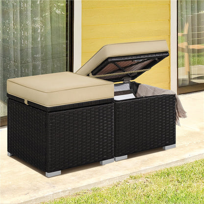 Costoffs 2PCS Rattan Storage Ottomans with Cushions – Outdoor Wicker Footstools & Side Tables for Patio, Garden & Balcony