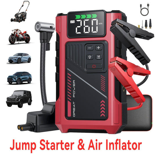 9-in-1 Portable Jump Starter with Air Compressor 12V Car Battery Booster USB LED