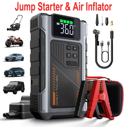 9-in-1 Portable Jump Starter with Air Compressor 12V Car Battery Booster USB LED