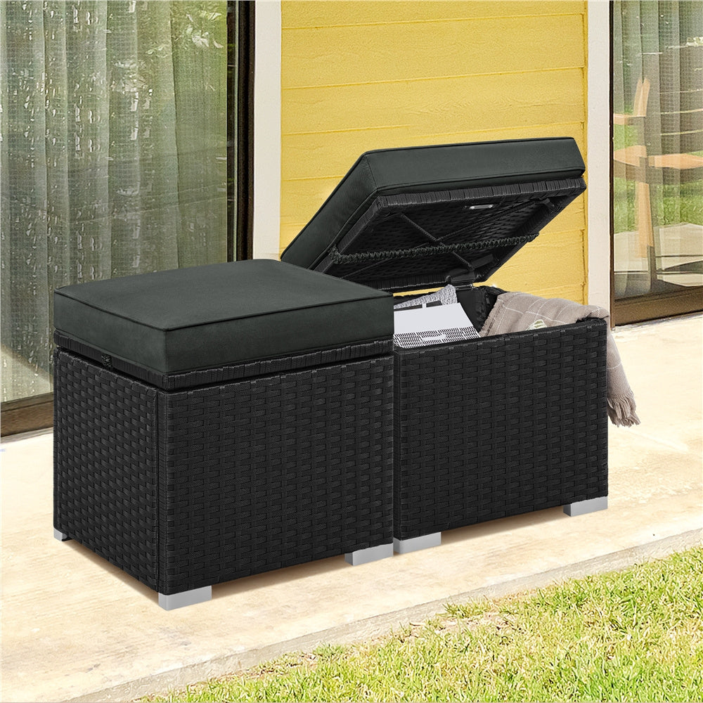 Costoffs 2PCS Rattan Storage Ottomans with Cushions – Outdoor Wicker Footstools & Side Tables for Patio, Garden & Balcony