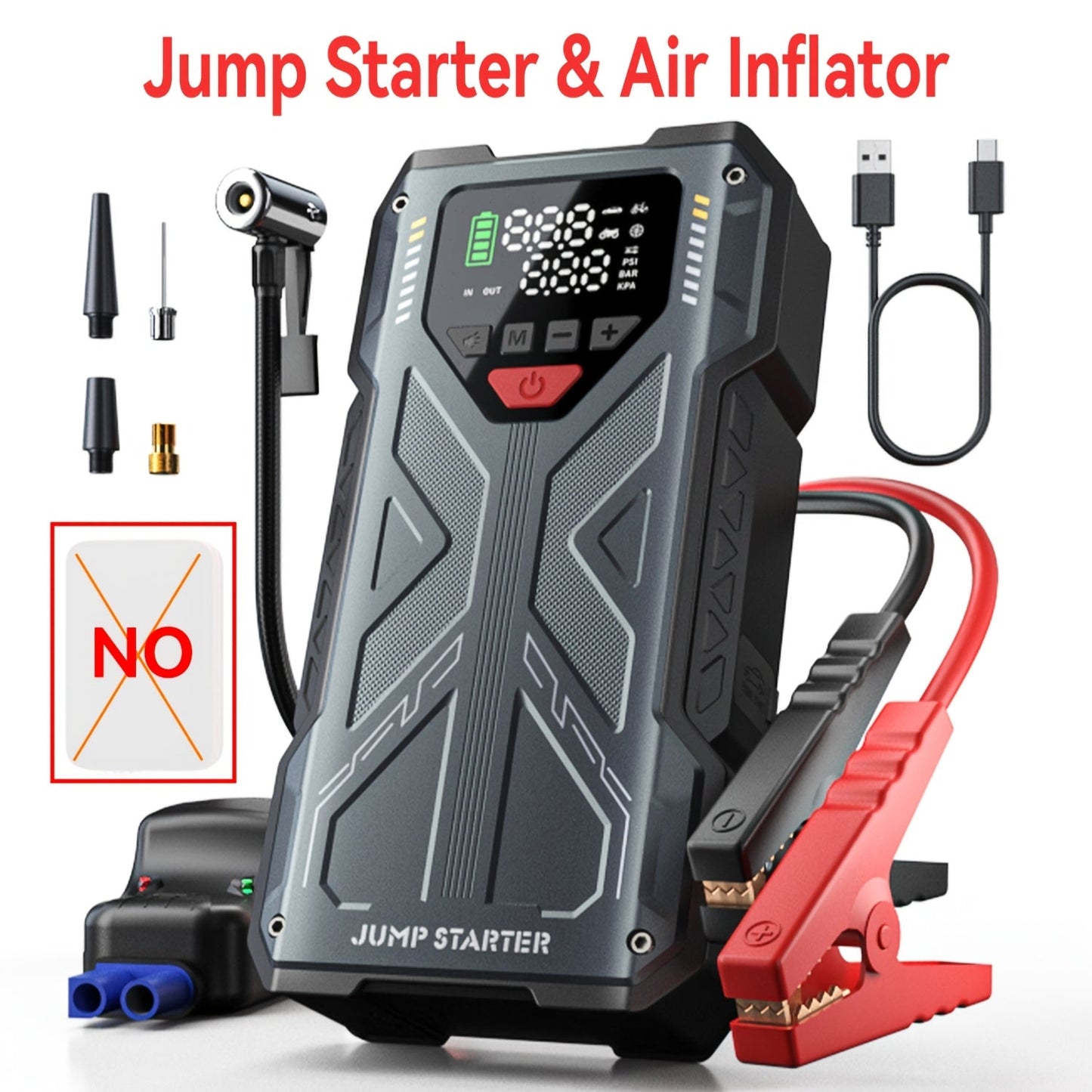 9-in-1 Portable Jump Starter with Air Compressor 12V Car Battery Booster USB LED