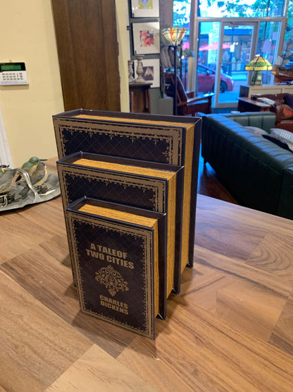 Decorative Book Box Set of 3 – “A Tale of Two Cities” Charles Dickens Hidden Storage, Faux Leather Keepsake Organizer