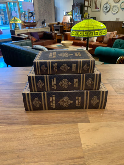 Decorative Book Box Set of 3 – “A Tale of Two Cities” Charles Dickens Hidden Storage, Faux Leather Keepsake Organizer
