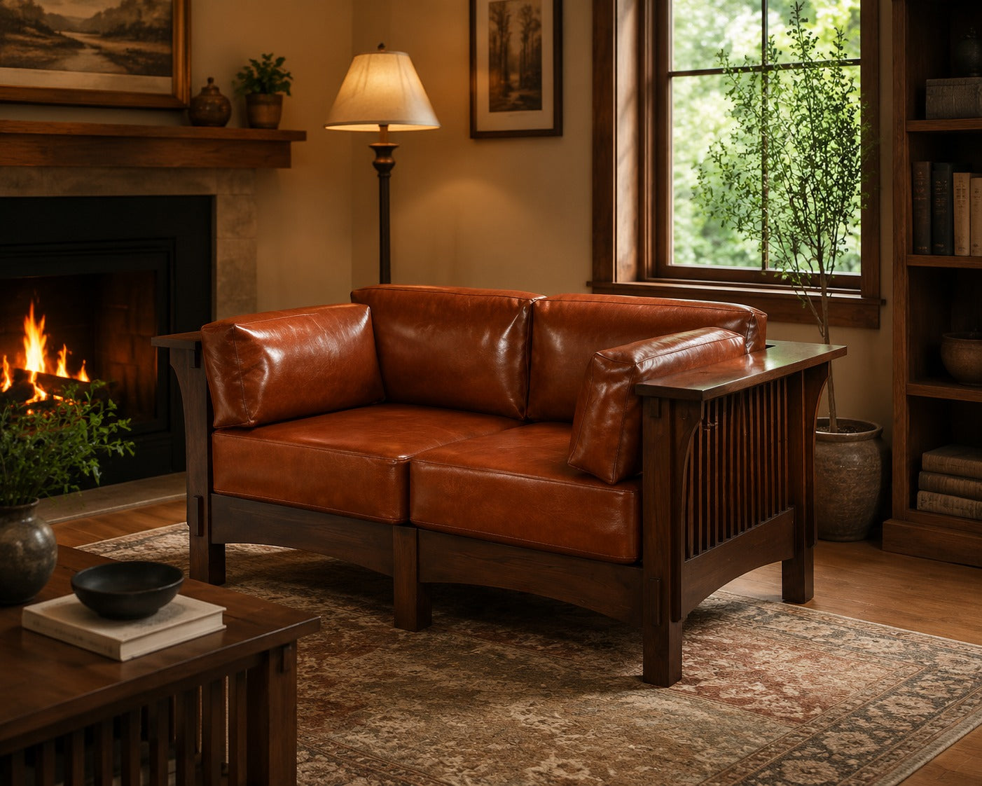 Mission Crofter Style Love Seat - Walnut stain and Russet brown leather