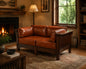 Mission Crofter Style Love Seat - Walnut stain and Russet brown leather