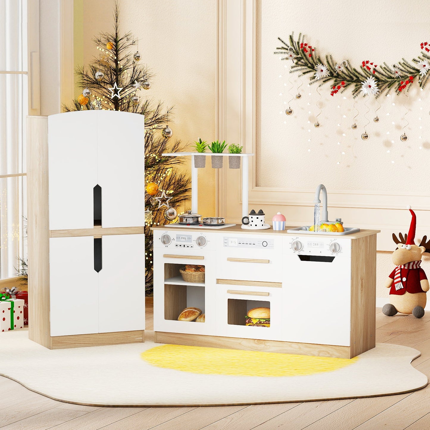 Wooden 2 Piece Kids Kitchen Playset with Fridge and Running Water