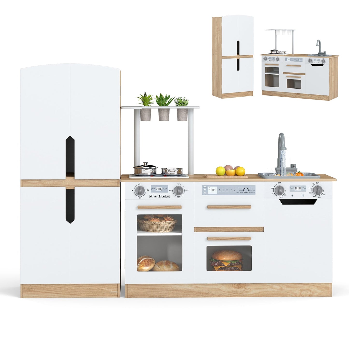 Wooden 2 Piece Kids Kitchen Playset with Fridge and Running Water