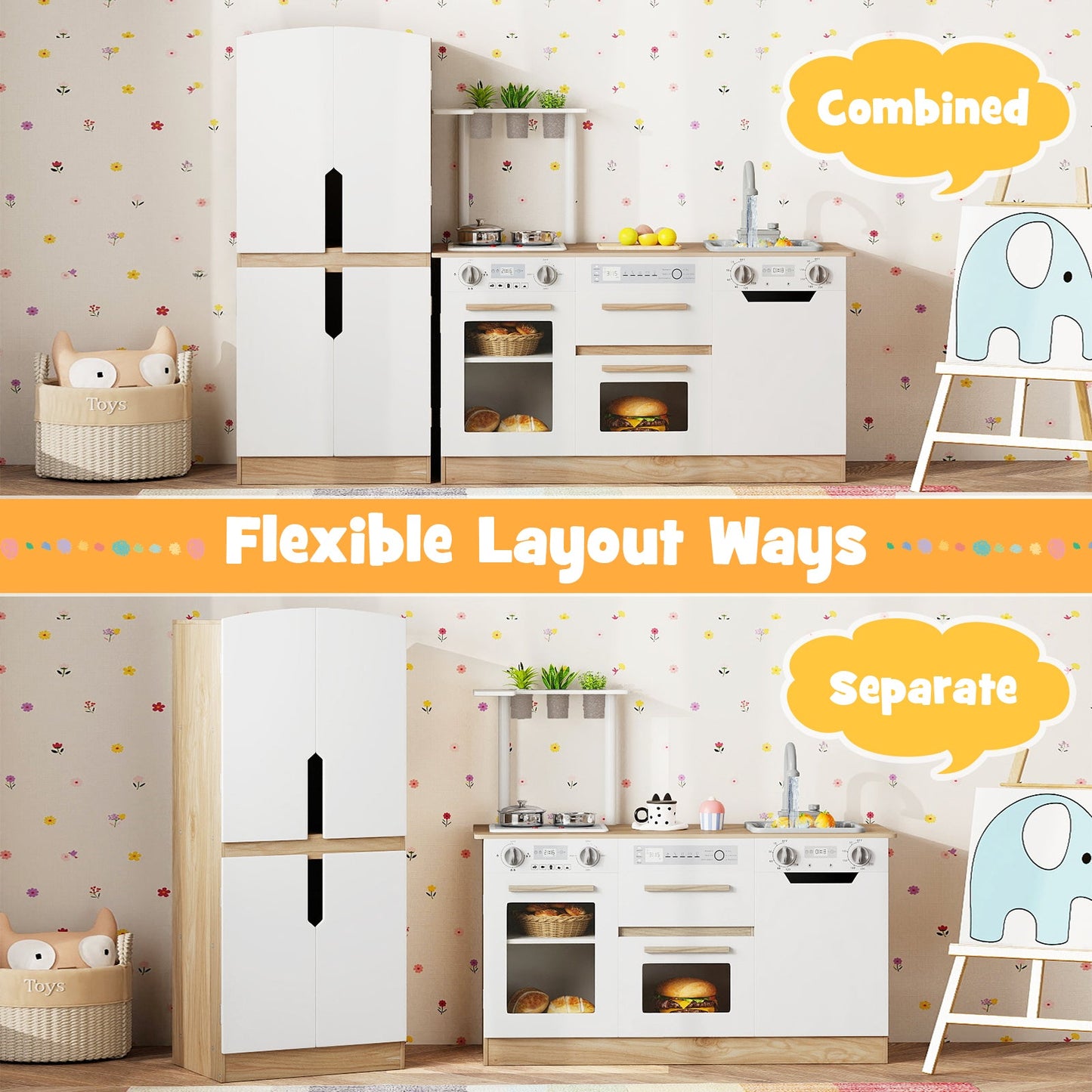Wooden 2 Piece Kids Kitchen Playset with Fridge and Running Water
