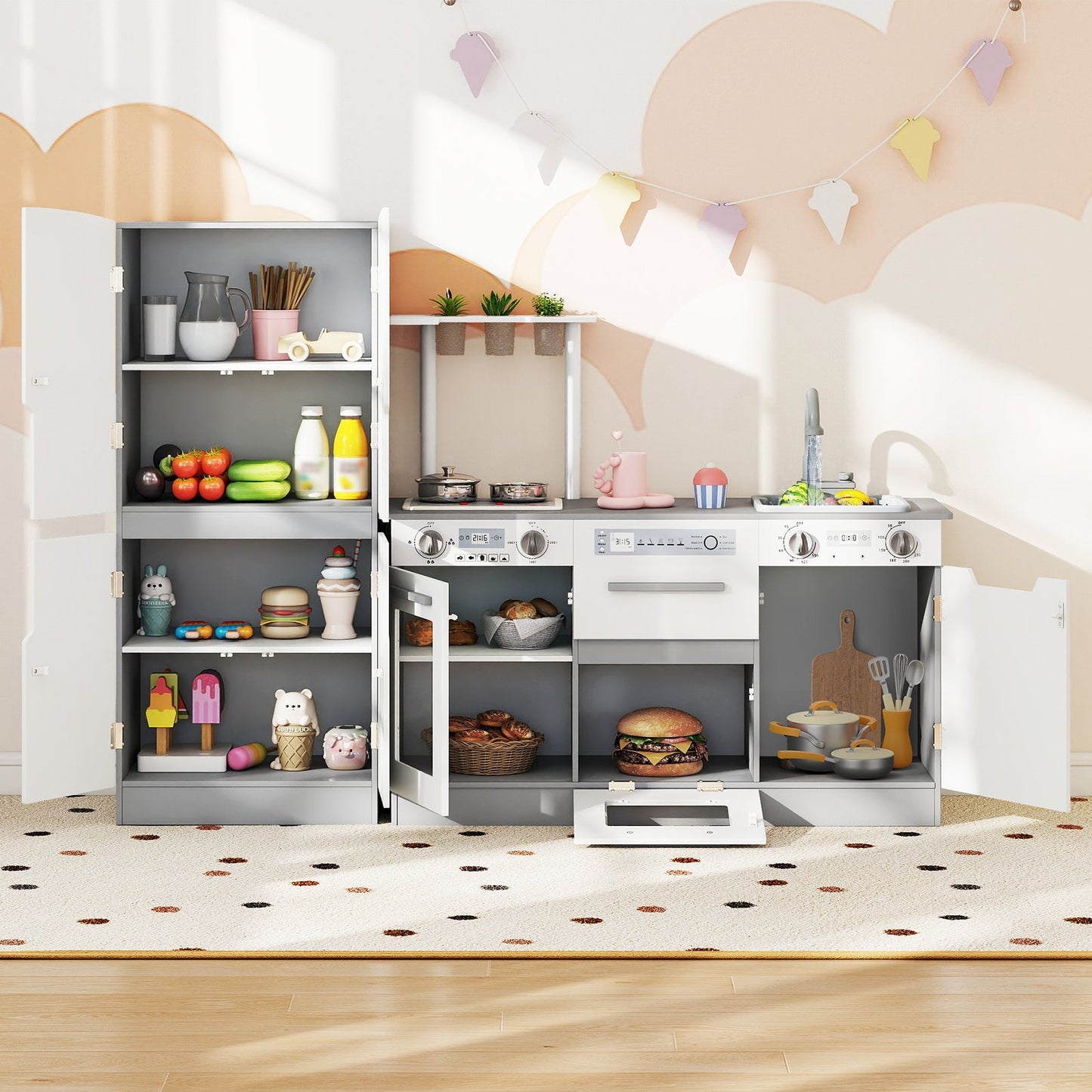 Wooden 2 Piece Kids Kitchen Playset with Fridge and Running Water
