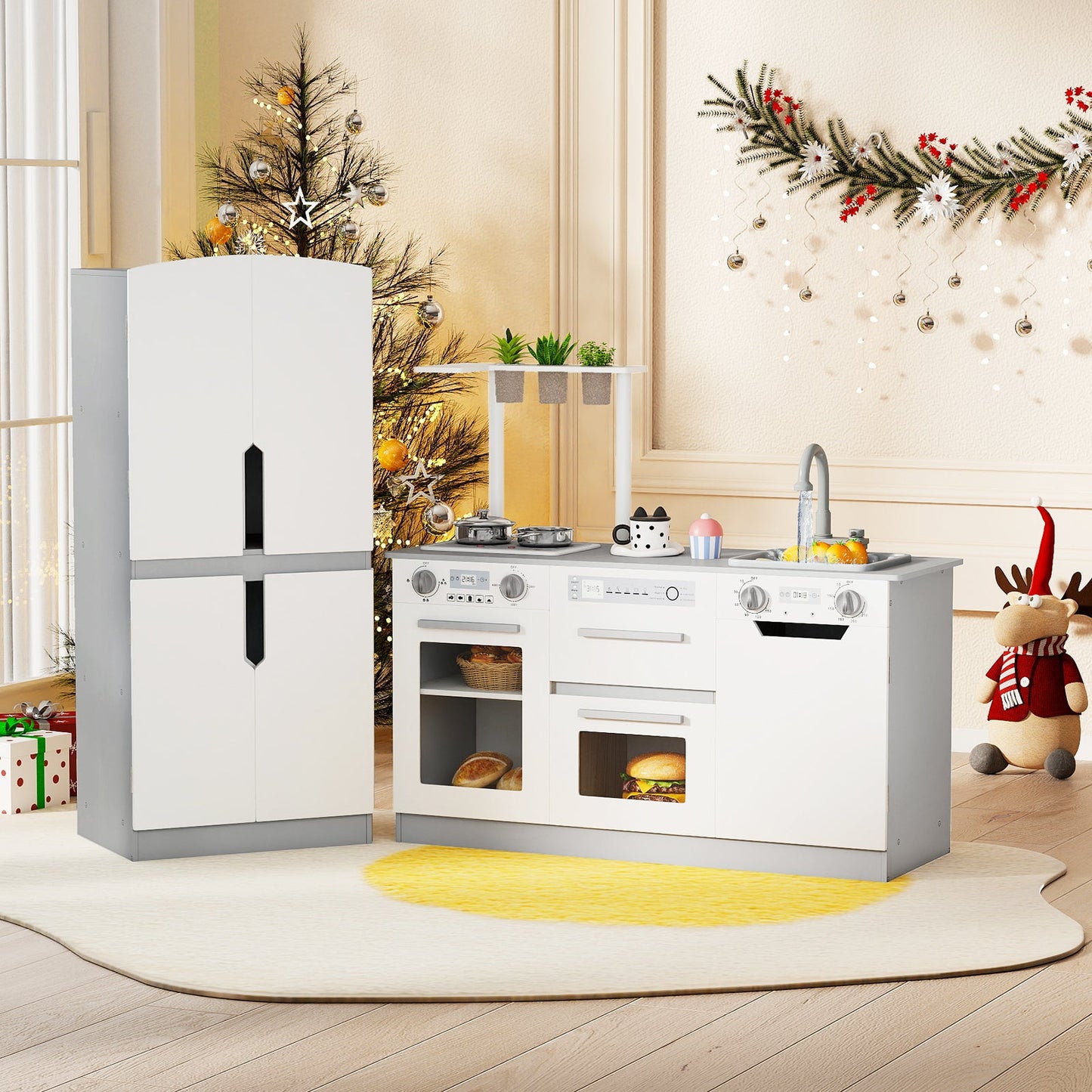 Wooden 2 Piece Kids Kitchen Playset with Fridge and Running Water