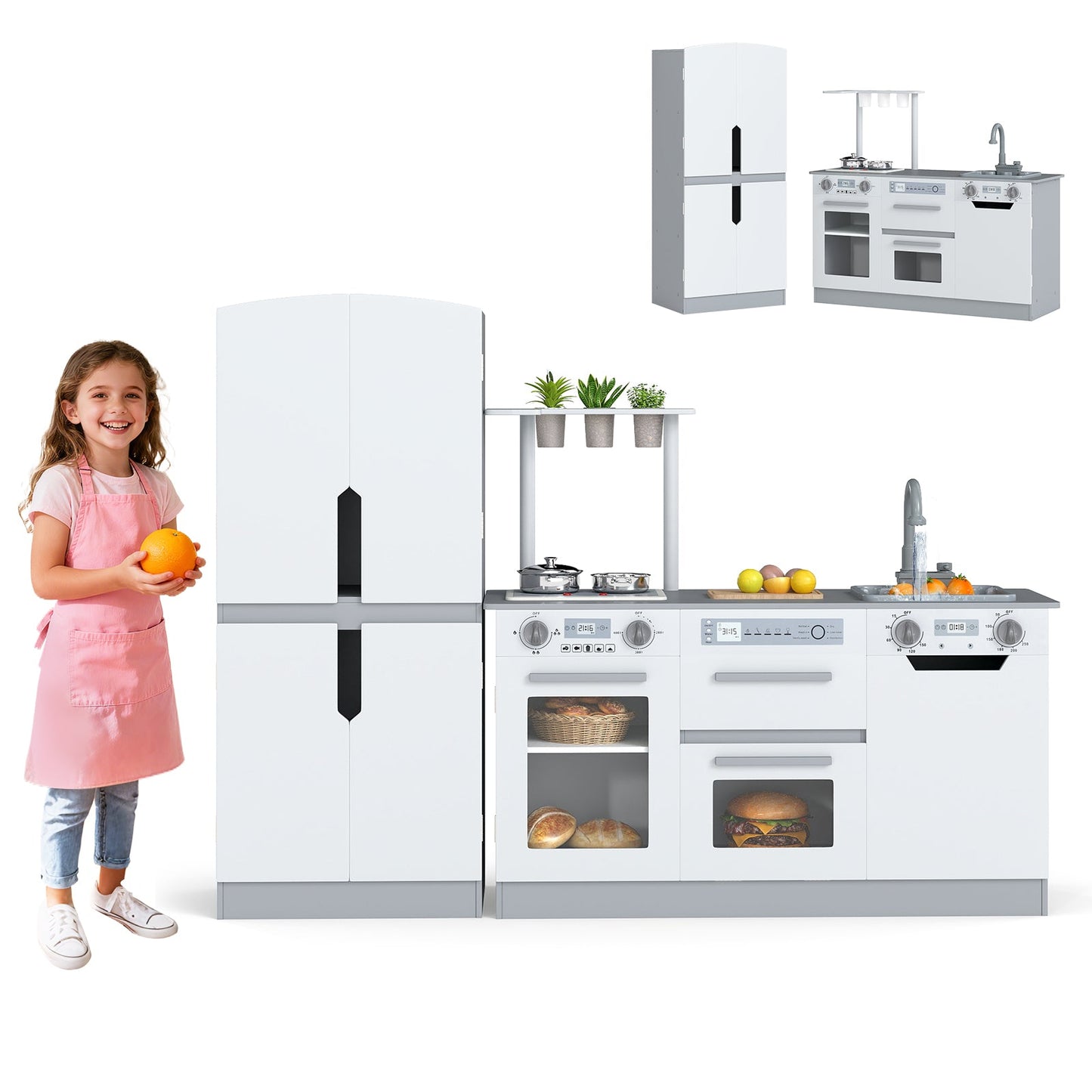 Wooden 2 Piece Kids Kitchen Playset with Fridge and Running Water