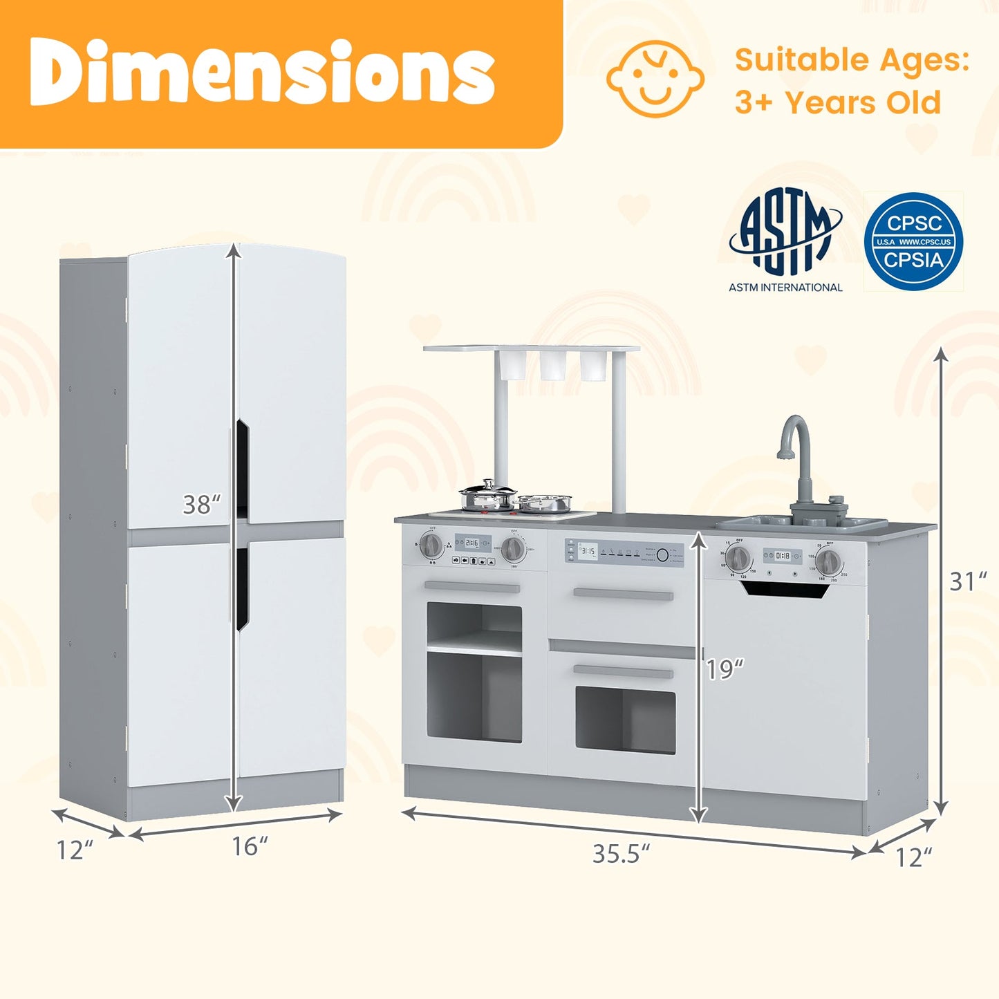 Wooden 2 Piece Kids Kitchen Playset with Fridge and Running Water