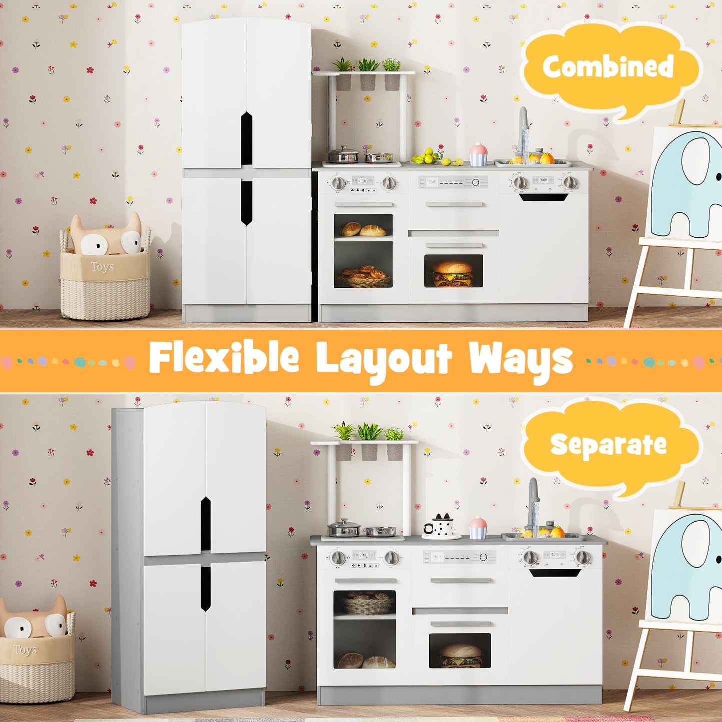 Wooden 2 Piece Kids Kitchen Playset with Fridge and Running Water