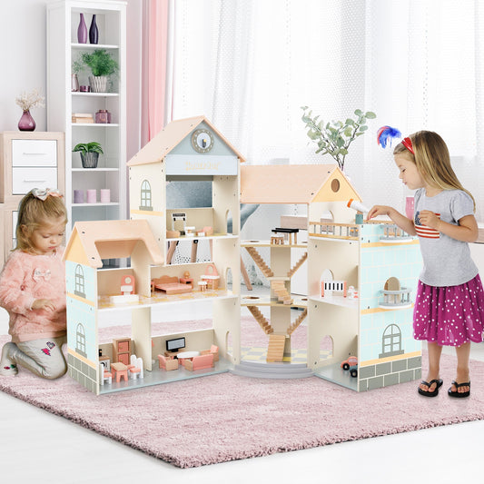 Wooden Corner Dollhouse Playset with 41 Pieces of Accessories for Kids 3+ Years Old-Orange