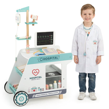Wooden Doctor Playset for Kids Pretend Play Doctor Kit with Cart Gift for Toddlers Boys Girls Aged 3+