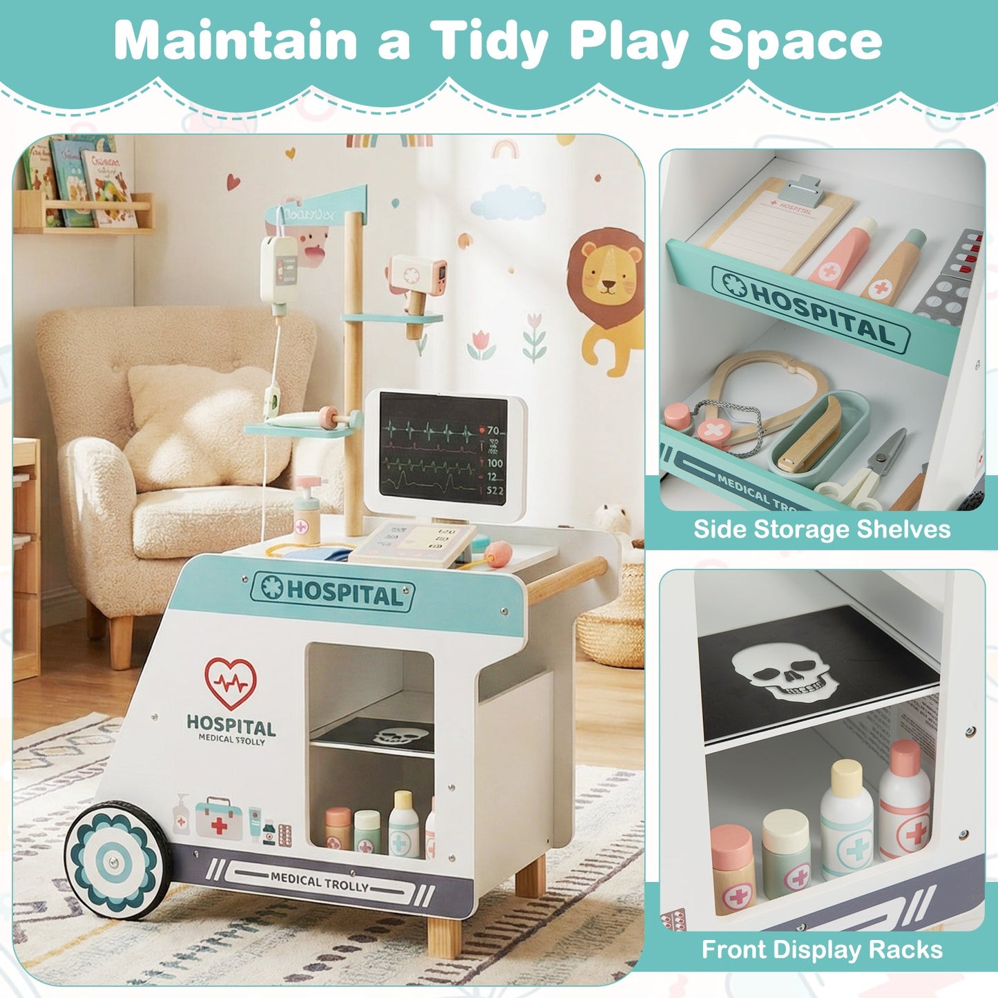 Wooden Doctor Playset for Kids Pretend Play Doctor Kit with Cart Gift for Toddlers Boys Girls Aged 3+