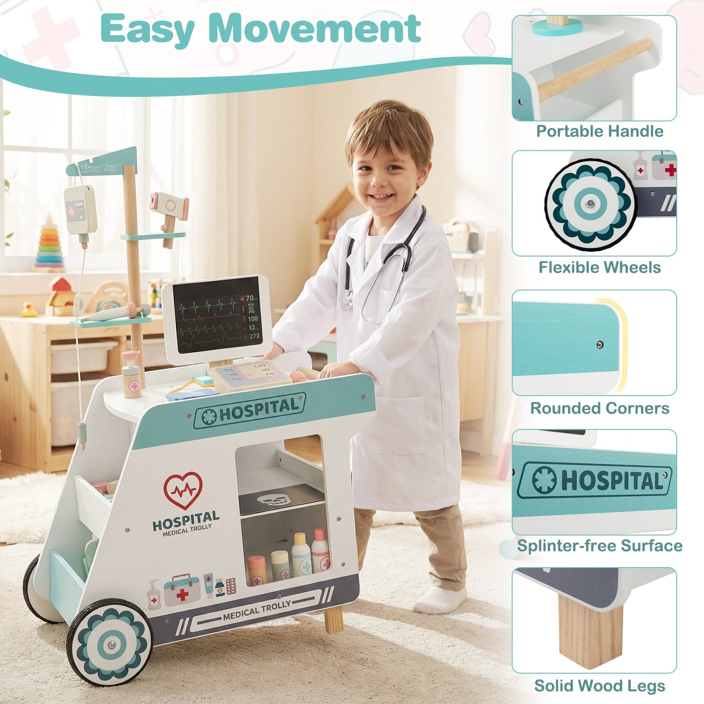 Wooden Doctor Playset for Kids Pretend Play Doctor Kit with Cart Gift for Toddlers Boys Girls Aged 3+