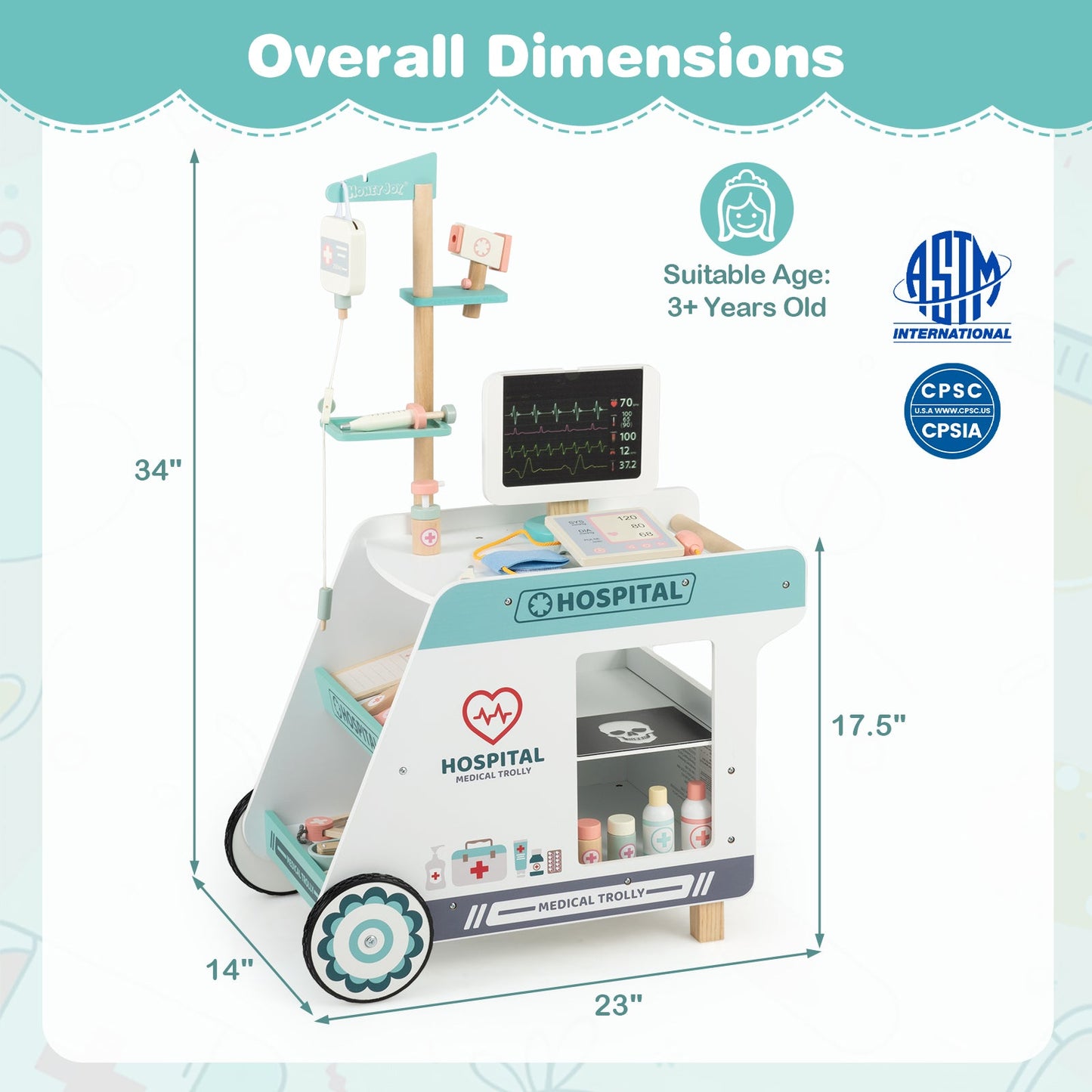 Wooden Doctor Playset for Kids Pretend Play Doctor Kit with Cart Gift for Toddlers Boys Girls Aged 3+